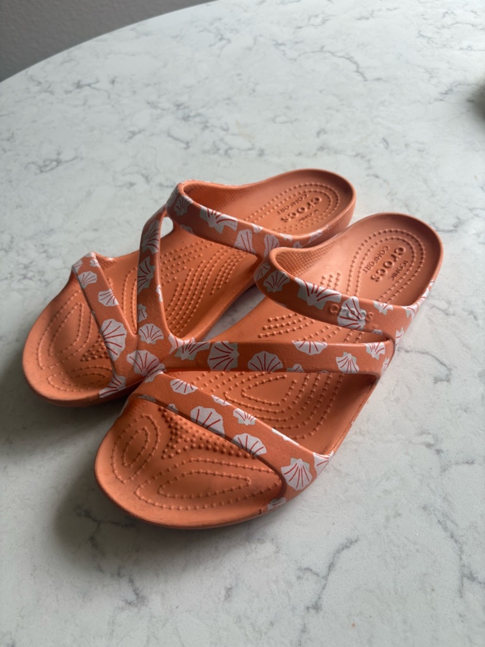 CROCS Coral Orange Shell-Print Multi-Strap Slides 8 - Picture 2 of 8